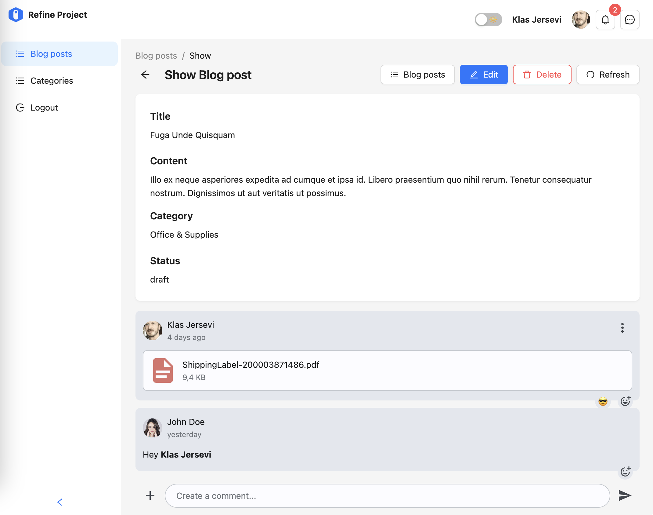Blog post with Weavy comments
