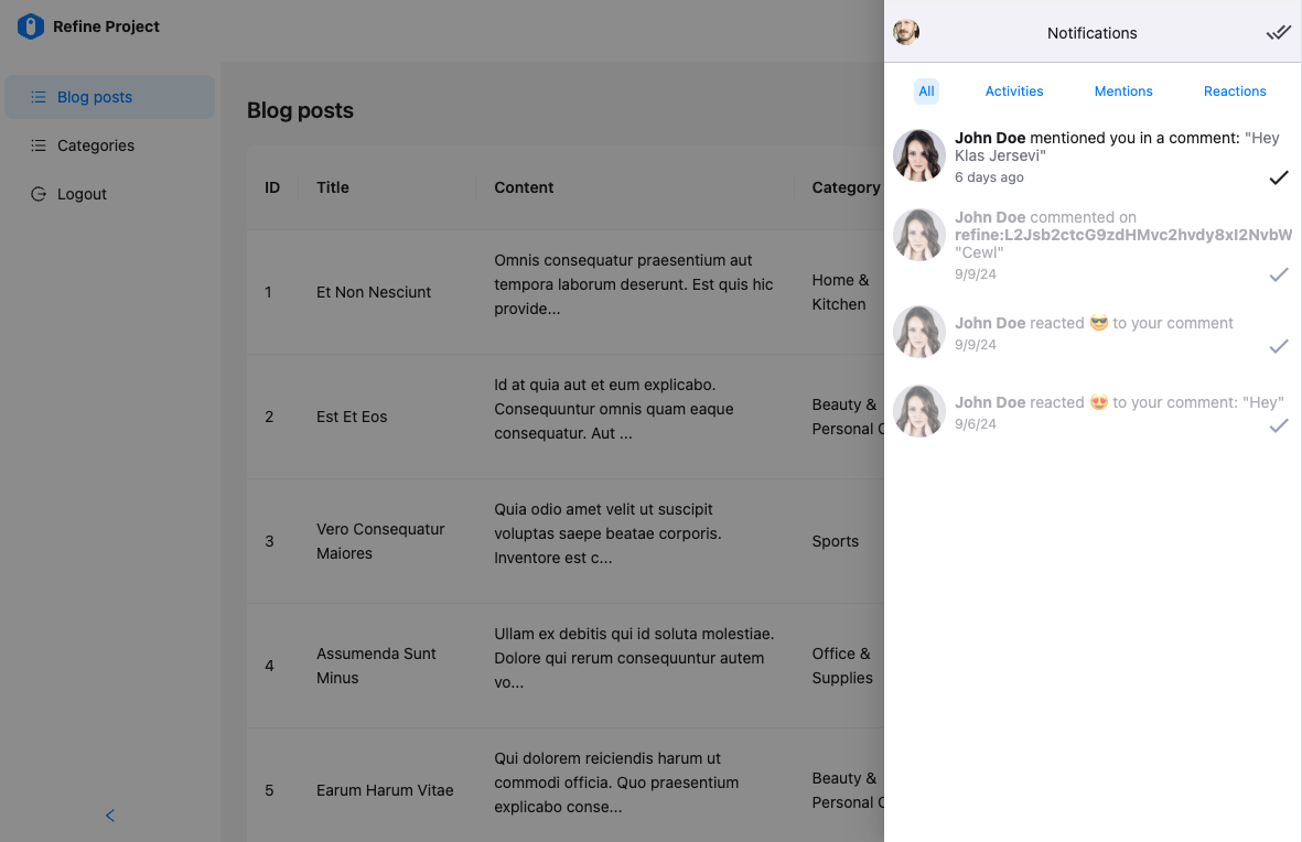 Refine app with notifications in header