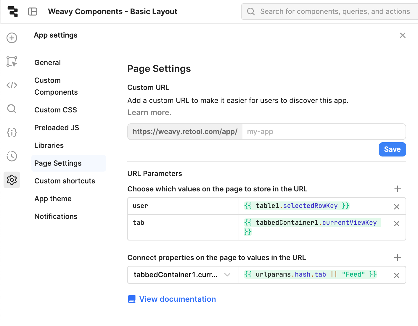 Retool page settings