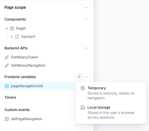 Frontend variable and custom event setup